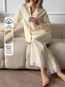 DAZY Women's Colorblock Long Sleeve Top And Pants Casual Daily Home Sleepwear Set - Beige - View 6