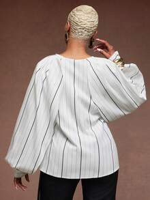 Vixey Women's Vertical Striped Stand Collar Loose Lantern Sleeve Blouse, Single-Breasted Slouchy Oversized Long Sleeve Top - White - View 4