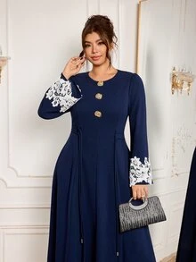 Modelyn Elegant Solid Color Knit Round Neck Long Sleeve Contrast Cuff Lace Trim Cinched Waist A-Line Regular Fit Plus Size Dress For Spring And Autumn - Navy Blue - View 1