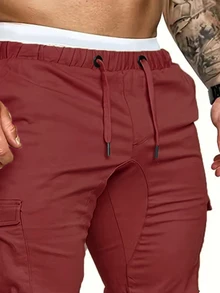Manfinity Roughcore Men's Casual Drawstring Waist Pocket Cargo Pants - Burgundy - View 5