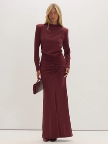 MUSEYN Burgundy Jersey Shoulder Pad Ruched Maxi Dress Timeless Date Night New Season Fall - Red - View 2
