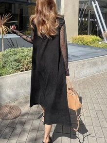 FRIFUL Women's Solid Color Pleated Round Neck Flutter Sleeve Loose Long Dress - Black - View 2