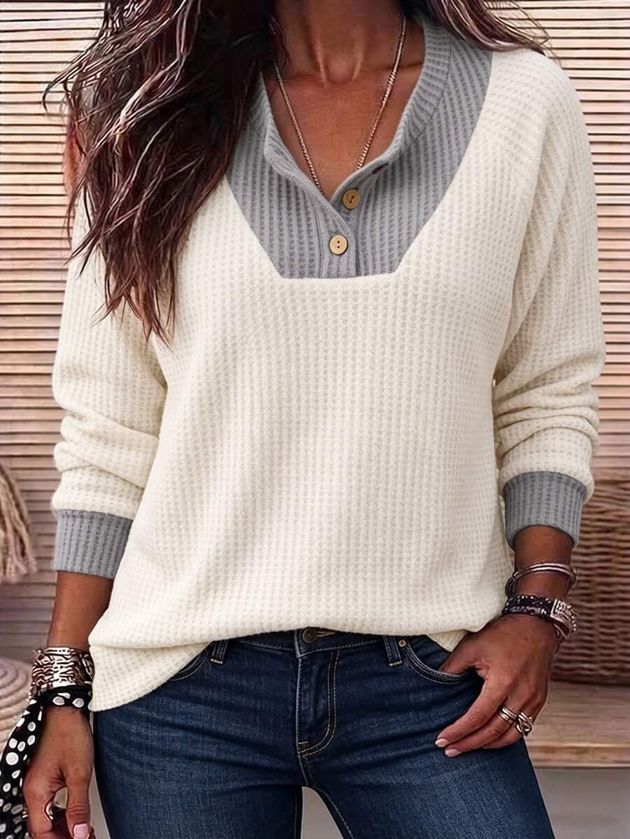 Holdful Holdful 26 Autumn/Winter European And American Casual Drop Shoulder Colorblock Textured Versatile Women's Sweatshirt - Multicolor - View 1