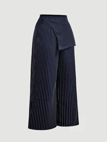 SHEIN MOD Plus Size Autumn/Winter Blue Striped 2 In 1 Elegant Straight Leg Pants, Casual Commute Outfit - Navy Blue - View 5