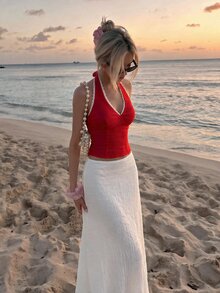 SHEIN MOD Women's Colorblock Casual Versatile Daily Wear Halter Neck Tops 2pcs Set - Red and Black - View 7