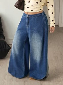 Flexra Plus Size Women Casual Denim High Slit Wide Leg Pants - Blue - View 4