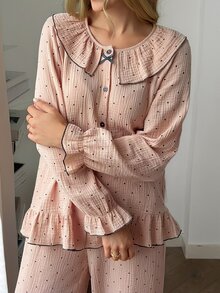DAZY طقم بيجامة نسائي بنقشة نقاط بولكا، ملابس علوية بصف واحد من الأزرار وبنطال طويل - وردي - مشاهدة 7