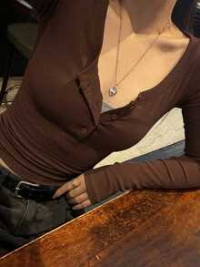 DAZY 女款純色鈕扣半開襟長袖休閒T恤 - 咖啡棕 - 查看 2