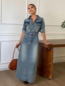 DAZY Autumn Women's Long Sleeve Collared Waist-Cinching Distressed Blue Casual Denim Maxi Dress - Medium Wash - View 4