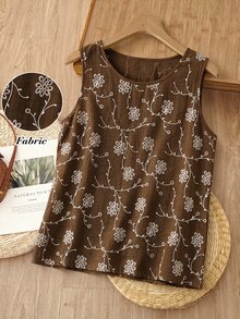 Rusticease 女款刺繡圓領休閒鄉村風百搭背心，棕色花卉度假夏季款 - 棕色 - 查看 1