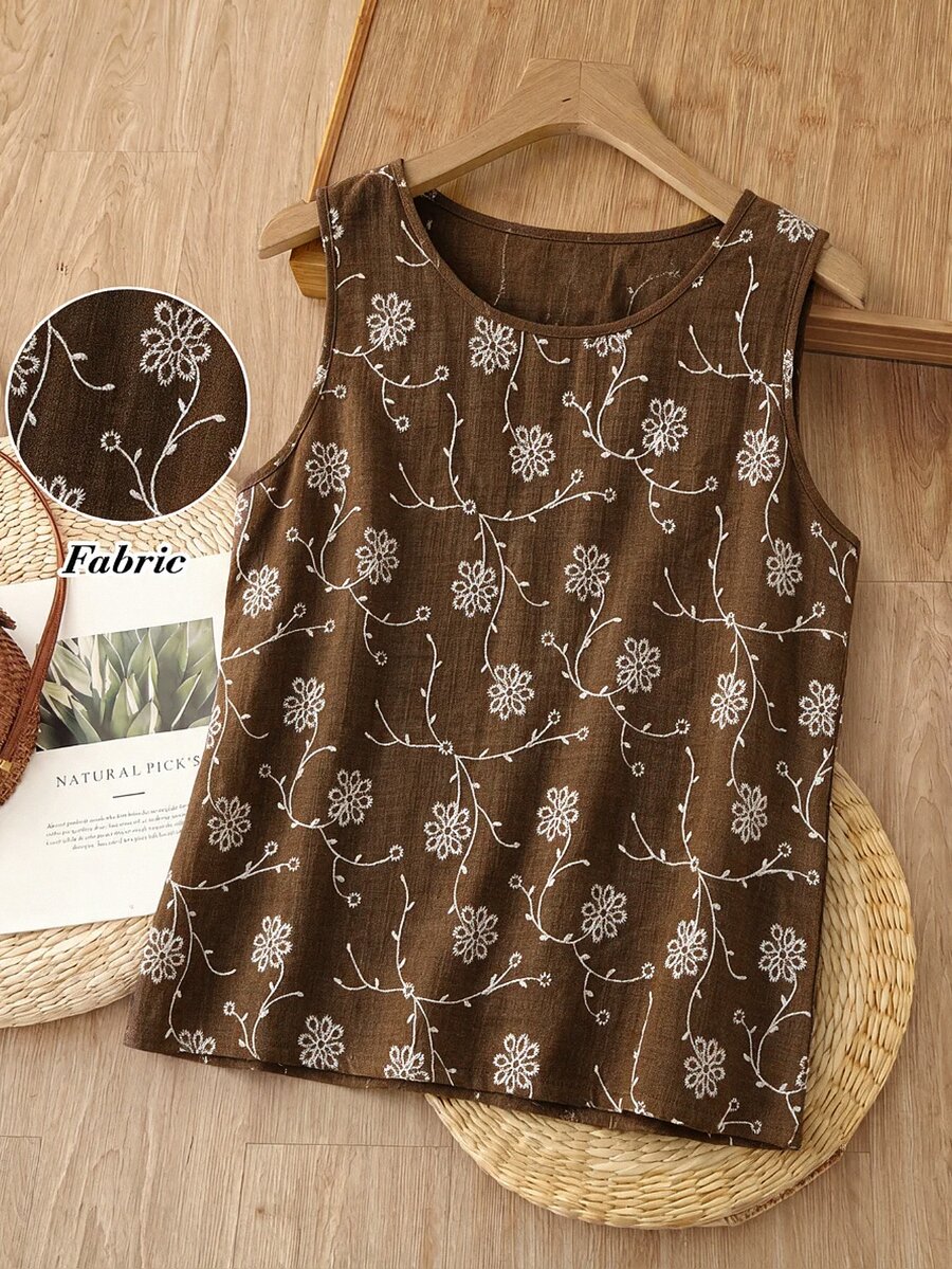 Rusticease 女款刺繡圓領休閒鄉村風百搭背心,棕色花卉度假夏季款 - 棕色 - 查看 1