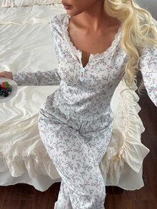 CottageSlumber Ice Silk Ribbed Lace Collar Small Floral Print Long Sleeve Long Pants Pajama Set - White - View 5