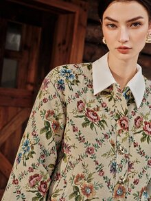 Anewsta Autumn/Winter Apricot Oil Painting Style Round Neck Elegant Jacket - Apricot - View 2