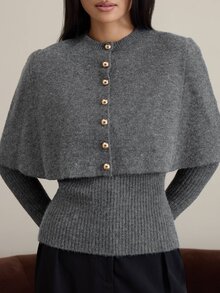 COSMINA Setelan Sweater Lengan Jubah Abu-abu Wanita, Dua Potongan Pakaian Rajut dengan Kancing Logam - Grey - View 5