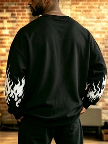 GymRaken Men's Flame Print Crew Neck Long Sleeve Casual Sports Sweatshirt - Black - View 2