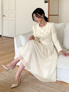 DAZY Patchwork Fitted Long Sleeve Cinched Waist Elegant Formal Korean Style Autumn/Winter Midi Dress For Women Vacation - Apricot - View 2