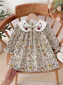SHEIN Babygirl Cute Floral Pattern Peter Pan Collar Preppy Style Doll Dress - Multicolor - View 6