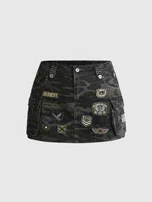 ROMWE Grunge Punk Rok Denim Wanita Vintage Ukuran Besar Motif Kamuflase Gaya Militer dengan Kantong Kargo - Hitam - View 1