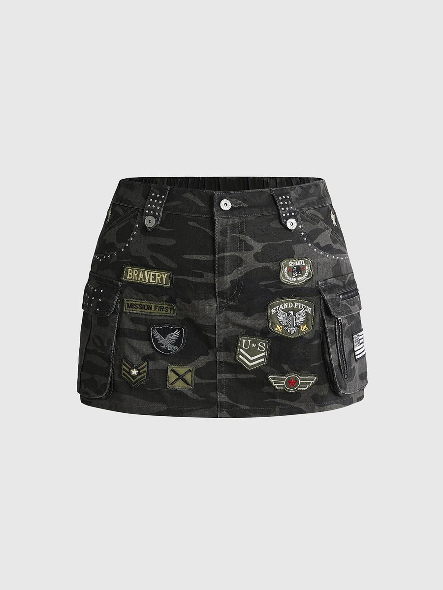 ROMWE Grunge Punk Rok Denim Wanita Vintage Ukuran Besar Motif Kamuflase Gaya Militer dengan Kantong Kargo - Hitam - View 1