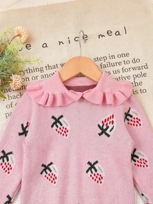 LMoss Kids Baby Girl Knit Cute Strawberry Pattern Pink Peter Pan Collar Sweater And Autumn Skirt 2 Pieces Set - Pink - View 3
