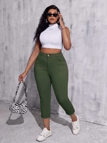 SHEIN Tall CURVE بنطلون جينز كاجوال متعدد الاستخدامات بلون موحد بقصة ضيقة للمقاسات الكبيرة - أخضر عسكري - مشاهدة 5