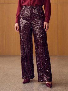 MOTF PREMIUM PLUS SIZE ELEGANT SEQUIN POCKET STRAIGHT LEG PANTS FOR BAR PARTY - Burgundy - View 2