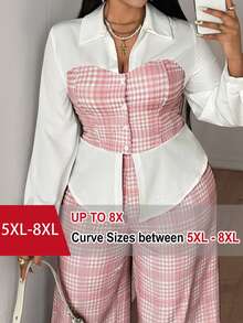 SHEIN CURVE+ 大尺碼女款法式領格紋印花 2 合 1 上衣與長褲套裝 秋季 - 彩色 - 查看 1