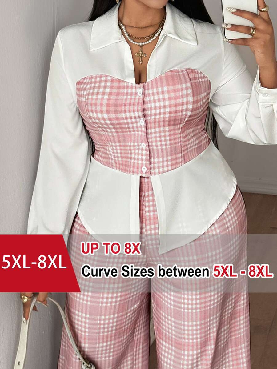 SHEIN CURVE+ 大尺碼女款法式領格紋印花 2 合 1 上衣與長褲套裝 秋季 - 彩色 - 查看 1