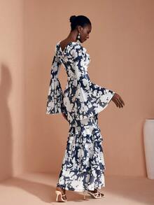JIAN LASALA Mesh Ruffle Long Sleeve V Neckline Multi Layers Long Dress Elegant Vacation Holiday - Blue and White - View 2