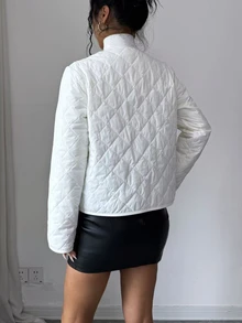Elenzga 女款冬季保暖加厚填充白色/奶油色珍珠鈕扣前開襟長袖短版優雅精緻法式通勤夾克 - 杏色 - 查看 2