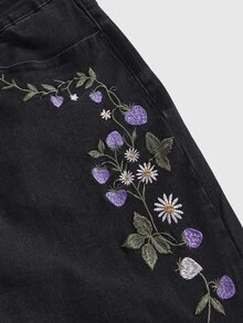 ROMWE Grunge Punk Plus Size Mori Style Floral Rabbit Butterfly Print Butt-Lifting Slimming Skinny Leg Jeans - Black - View 2
