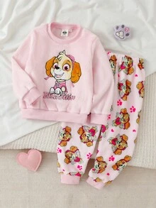 SHEIN | PAW Patrol GraphicGems 秋冬雙面法蘭絨女童幼兒居家服 2 件套，可愛卡通聯名印花圖案，精緻小狗刺繡，粉色長袖上衣搭配滿版小狗印花長褲 - 粉色 - 查看 7