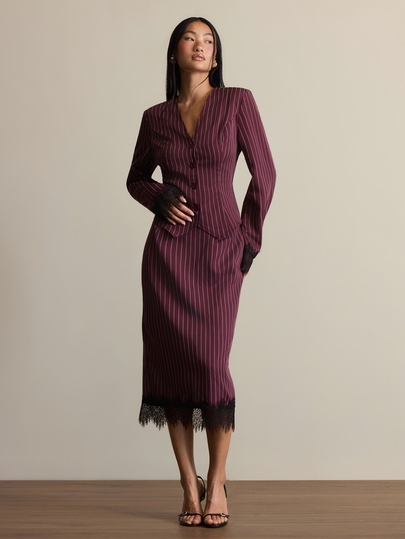 COSMINA Women's V-Neck Striped Long Sleeve Jacket And Skirt Casual Suit Set