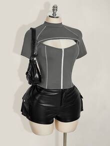 SHEIN ICON 女款大尺碼拼色鏤空休閒日常穿搭T恤 - 灰色 - 查看 1