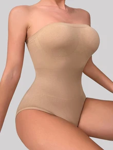 SHAPORA 女款純色無縫抹胸連身塑身衣 - 杏色 - 查看 6