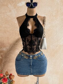 Soleia Women'S Lace Slim Fit Sexy Fashion Solid Color Halter Neck Tie-Up Vest - Black - View 6