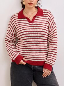 CosyJoli 大尺碼休閒 Polo 領條紋長袖套頭針織衫 秋冬款 - 紅色 - 查看 2