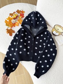 SHEIN 女童時尚休閒清新短版黑白波點秋冬連帽長袖針織開襟毛衣，柔軟舒適，適合日常穿著、外出、旅行、度假、育兒及各種場合，亦適用於秋冬季節、聖誕節、萬聖節、開學季、派對等場合，春夏秋冬百搭衣物 - 黑色 - 查看 1
