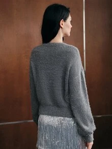 Anewsta Women's Silver Thread Knit Cardigan, Round Neck Fluffy Knit Jacket, Long Sleeve Button Up Sweater, Lazy Autumn Winter Outfit For Commute Date - Dark Grey - View 3