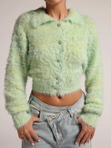 SHEIN BAE New Fashion Hot Girl Style Faux Mink Fur Collar Shell Button Fitted Long Sleeve Cinched Waist Cropped Sweater For Women - Mint Green - View 7
