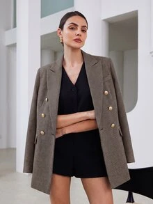 Aveloria Modichic 女款寬肩修身長版紋理西裝外套，雙排扣金色鈕扣，優雅商務老錢風，棕色千鳥格秋季女裝 - 彩色 - 查看 6
