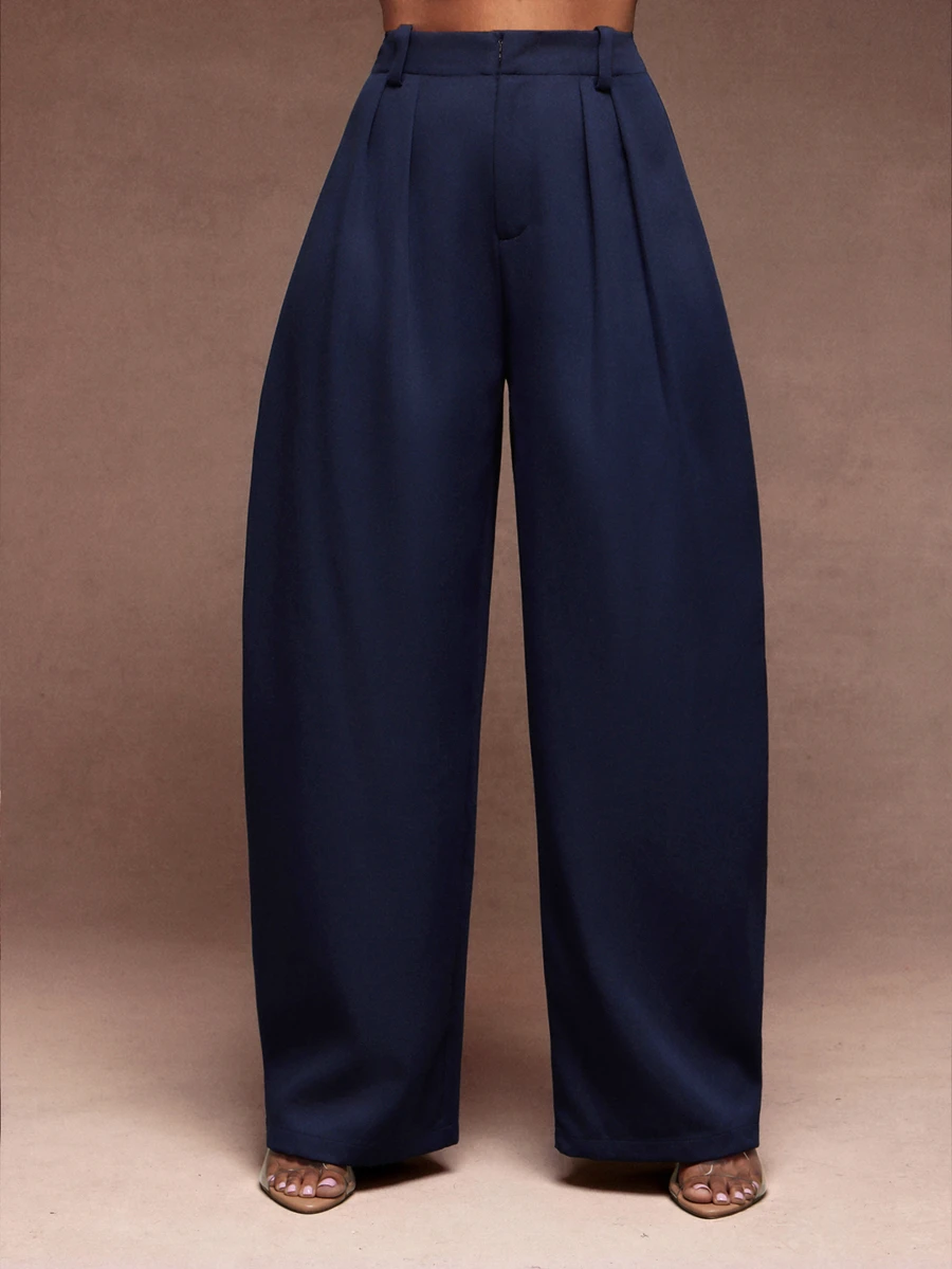 Vixey Fashion Commuter Solid Color Curved Leg Trousers, Office Work Wear, Business, Daily - Royal Blue - View 1