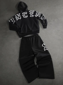 SLATEMANN Men's Long Sleeve Hooded Sweatshirt With Pockets And Drawstring Waist Pants Set, Goth - Black - View 8