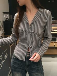 Strévra 女款條紋休閒百搭日常穿著襯衫 秋季 - 黑與白 - 查看 4