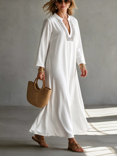 Linhara CURVE Vestido casual de manga larga con cuello en V con muesca para mujer talla grande para vacaciones