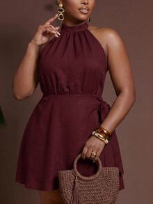 Veslaya Plus Size Women's Solid Color Side Tie Waist Halter Neck Vacation Dress - Burgundy - View 3