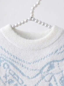 SHEIN 女童新款秋冬藍色圓領優雅寬鬆提花針織保暖毛絨質感毛衣洋裝，時尚甜美獨特設計，適合外出、派對、開學與假期穿搭 - 淺藍色 - 查看 4