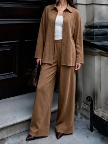 Modelyn 女款長袖斜紋織布鈕扣休閒通勤上衣與直筒褲兩件套 - 棕色 - 查看 6