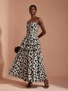 JIAN LASALA Knit Floral Print Sleeveless Tube Top Double Ruffle Layers Ruched Long Dress Elegant Vacation - Multicolor - View 3