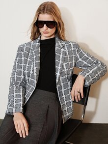 Aveloria Modichic Jaket Blazer Klasik Retro Kasual untuk Perjalanan Sehari-hari, Serbaguna, Motif Kotak-kotak Houndstooth, Rumbai, Warna Kontras, Memperlangsingkan Pinggang, Kancing Tunggal, Kerah, - Hitam dan Putih - View 7